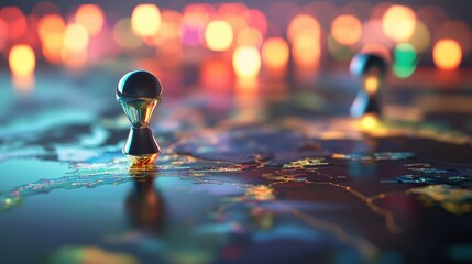 3D pin marker with a reflective chrome surface, placed on a digital world map with soft light reflections