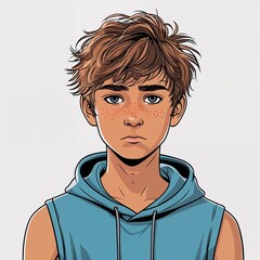 Fototapeta premium A teenage boy serious with tousled hair wearing a summer sleeveless hoodie in a simple hand drawing flat line design