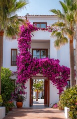 Fototapeta premium Bougainvillea and Palm Trees at Modern Apartment Entrance, Bright Purple Flowers