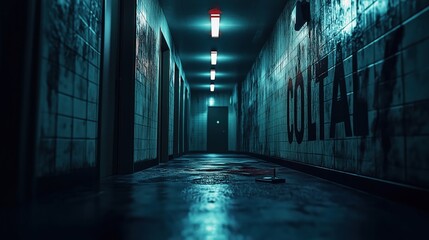 Fototapeta premium Eerie hallway with dim lighting and graffiti-covered walls