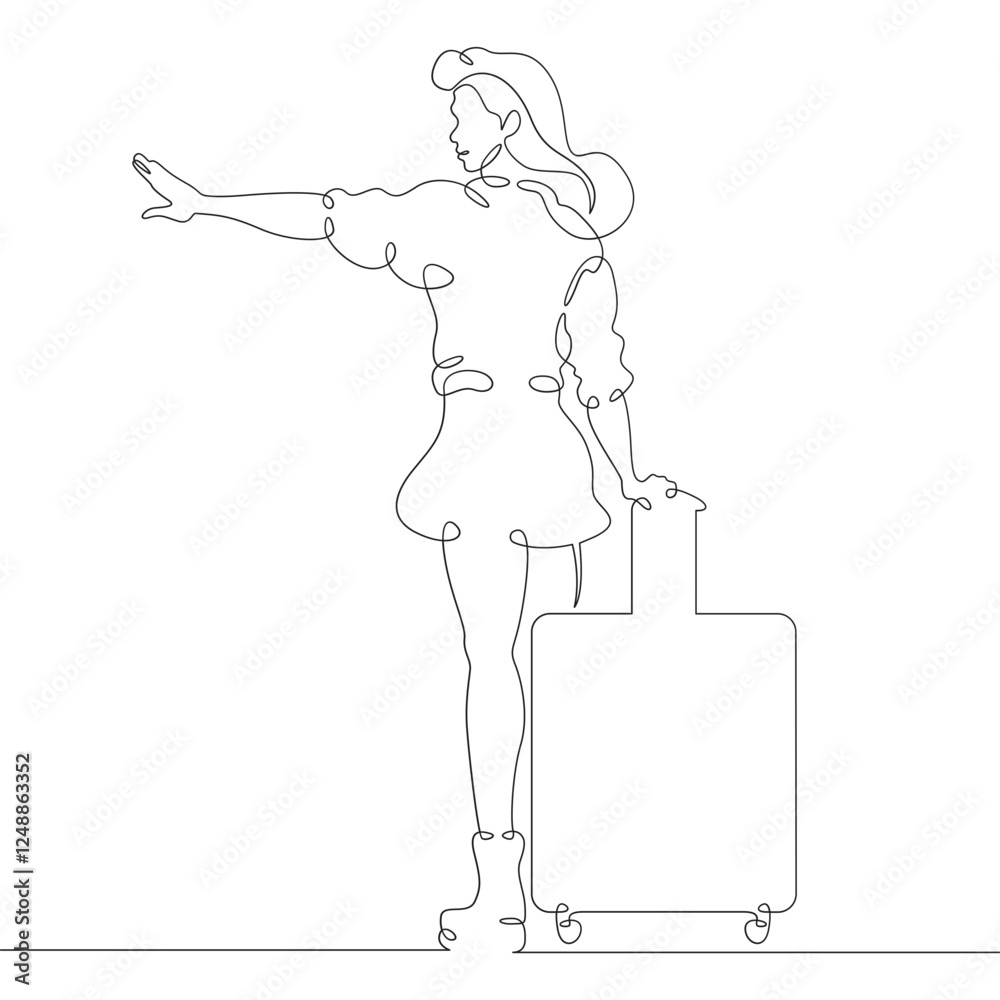 Wall mural Continuous one line drawing young woman hitchhiking on the road. Hitchhiking. Girl with luggage.One continuous line isolated minimal illustration.Not AI.