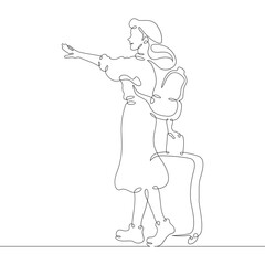 Continuous one line drawing young woman hitchhiking on the road. Hitchhiking. Girl with luggage.One continuous line isolated minimal illustration.Not AI.