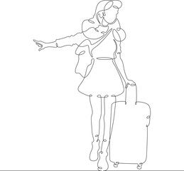 Continuous one line drawing young woman hitchhiking on the road. Hitchhiking. Girl with luggage.One continuous line isolated minimal illustration.Not AI.