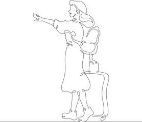 Continuous one line drawing young woman hitchhiking on the road. Hitchhiking. Girl with luggage.One continuous line isolated minimal illustration.Not AI.