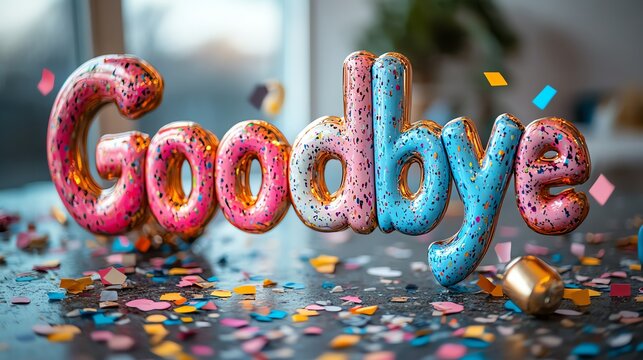 A colorful and festive goodbye decoration with the word 'Goodbye' adorned in glitter, surrounded by confetti, representing parting moments and celebrations.