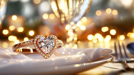 valentines gift for her concept. Heart-Shaped Ring on Plate with Soft Bokeh Lights