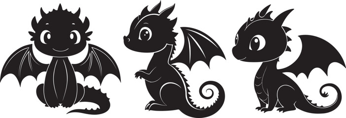 A set of cute and happy baby dragon silhouette using flat solid black color design, vector illustration design on a white background.