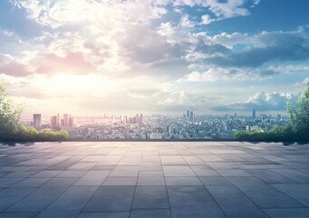Fototapeta premium Panoramic Skyline View from Tiled Platform, A Harmonious Blend of Urban Landscape, Sky, and Modern Architecture, Exuding Tranquility