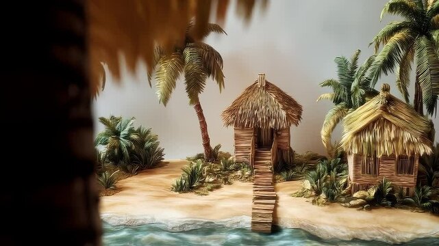 Tropical Island Paradise: Thatched Huts and Palm Trees on a Sandy Beach