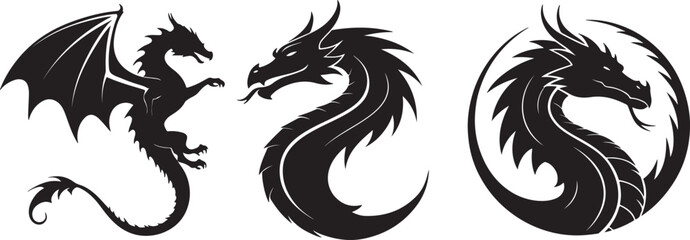 A set of flying dragon silhouette using flat solid black color design, vector illustration design on a white background.