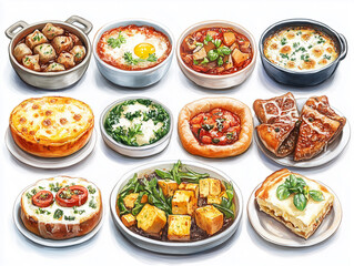 Illustration of various delicious dishes on white background.