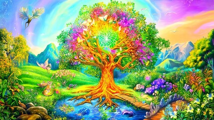 Vibrant enchanted tree of life radiating magical rainbow energy in fantastical mystical landscape, creating colorful spiritual atmosphere through whimsical supernatural natural sanctuary
