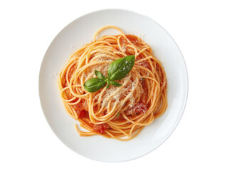 Top View of Plate of Spaghetti with Tomato Sauce and Basil on Transparent Background