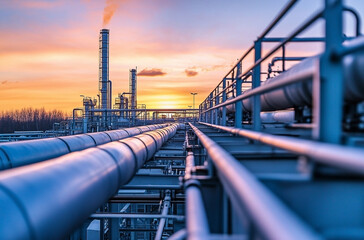 Industrial Pipelines and Plant Silhouette at Sunset with a Dramatic Sky View