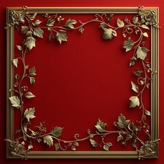 Elegant golden floral frame with ornate details on a rich red background perfect for display