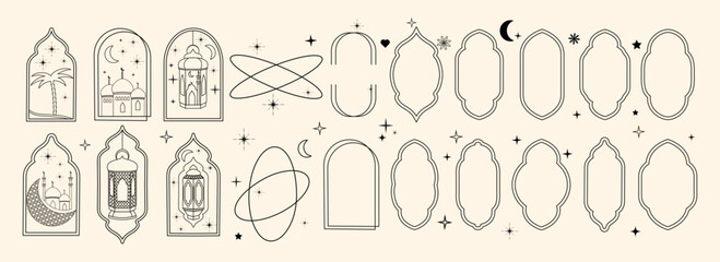 Set of figures in silhouet style. Minimalistic y2k line elements. Holy Ramadan. Eid Mubarak. Geometric holiday shapes.  Islamic. Trendy stars, arches, shapes. Aesthetic frame. Simple linear