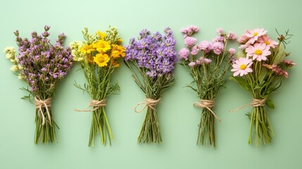 Five small flower bouquets tied with twine lie on green background