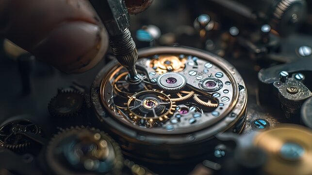 Close-up of watchmaker repairing intricate clockwork mechanism. - Powered by Adobe