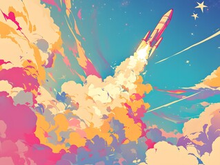 Rocket launches into a colorful sky filled with clouds and stars during an early evening