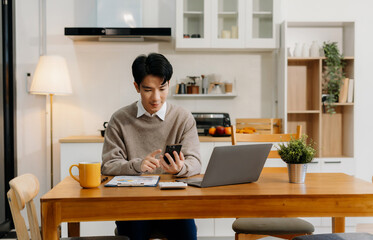 Fototapeta premium Office worker lifestyle people, Happy male enjoying work at home office.
