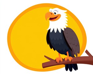Cartoon bald eagle with a cheerful smile perched on a branch