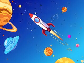 Colorful rocket launching through a vibrant outer space filled with various planets and celestial objects