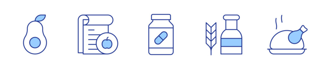 nutrition, vitamin e, avocado, chicken. Nutrition Icon vector illustration. Line Duotone style. Editable stroke