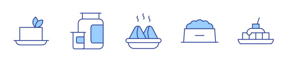 patatas bravas, nutrition, samosa, tofu, dog food. Nutrition Icon vector illustration. Line Duotone style. Editable stroke