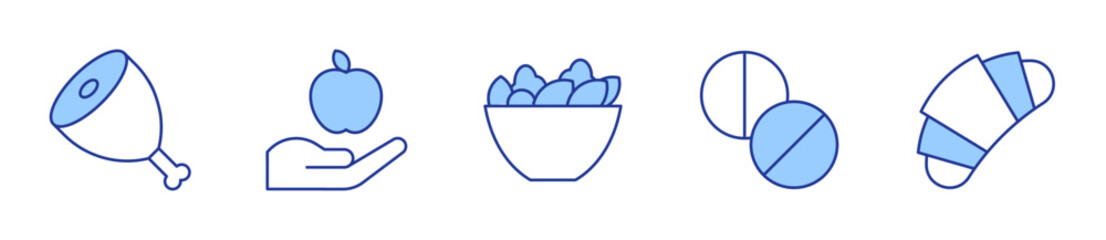 salad, spirulina, croissant, ham, nutrition. Nutrition Icon vector illustration. Line Duotone style. Editable stroke
