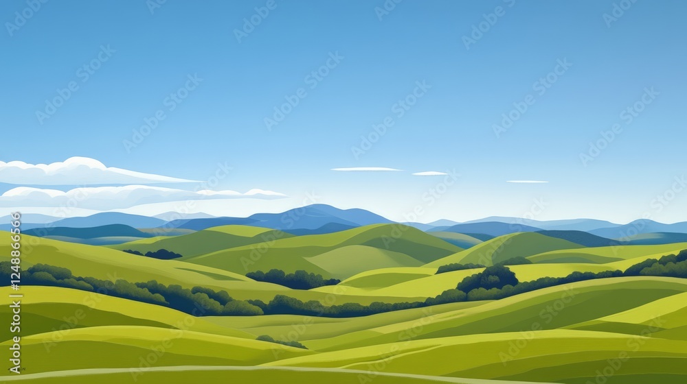 Aufkleber Minimalist landscape showing green rolling hills stretching endlessly under a clear blue sky dotted with fluffy white clouds, creating a serene and idyllic countryside scene