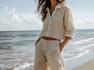 Woman in linen outfit enjoying a relaxing beach walk on a sunny day
