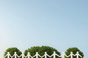 Group of diverse paper dolls holding hands against a blue sky and green trees in a harmonious display of unity and friendship