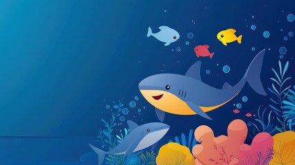 Obraz premium Cartoon shark playing underwater with a group of dolphins