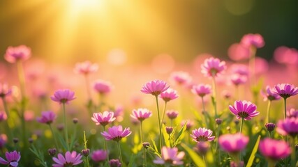 Fototapeta premium Sunlit Pink and Purple Flower Field