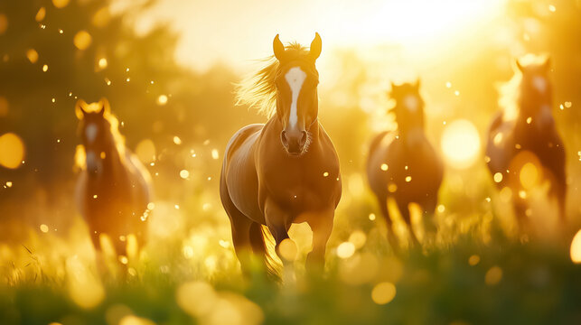 Wild horses galloping powerfully across a sunlit meadow with a warm glow around them. The expansive meadow is filled with vibrant wild grasses illuminated by the sun