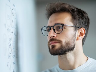 Obraz premium man with glasses looking at whiteboard