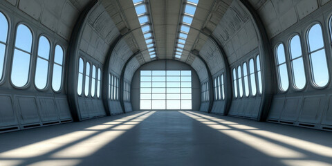 Obraz premium Spacious interior of a modern industrial building with large windows.