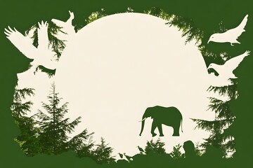 Silhouette artwork depicting wildlife including an elephant and various birds against a forest backdrop