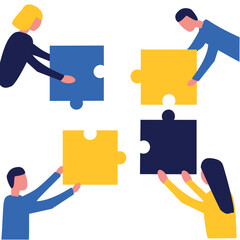 Business concept. Team metaphor. People connect puzzle elements. Flat illustration in flat design style. Teamwork, collaboration, partnership. Businessmen working together and moving towards success.