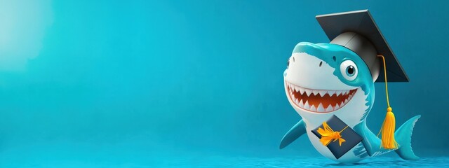 Cartoon shark wearing a graduation cap and holding a diploma underwater
