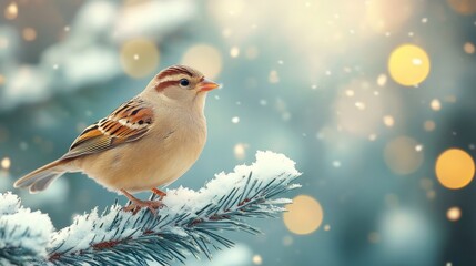 Sparrow perched on snow-covered pine branch in winter.