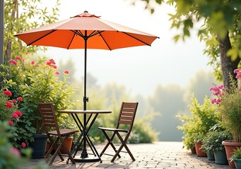 Obraz premium Outdoor Cafe Table & Chair with Parasol - Sunny Garden Scene