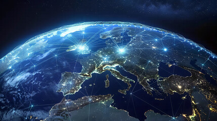 Obraz premium Financial Nodes on Globe Surface A realistic digital globe with glowing financial nodes connecting major cities.