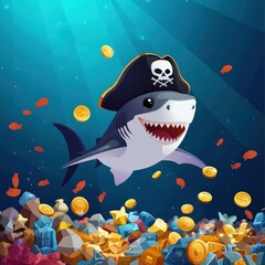 Cartoon shark wearing a pirate hat swimming through a treasure-filled reef
