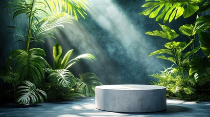 Stone pedestal in lush tropical setting.