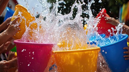 A vibrant splash of water from colorful buckets creates a playful scene