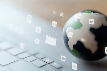Global communication network represented by a globe and a keyboard emphasizing digital connectivity and technology