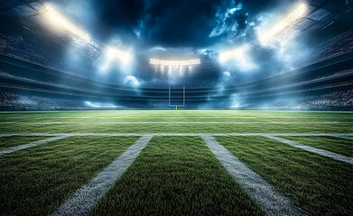 Spectacular football stadium illuminated under a dramatic sky, showcasing the vibrant green field and impressive architecture with bright spotlights
