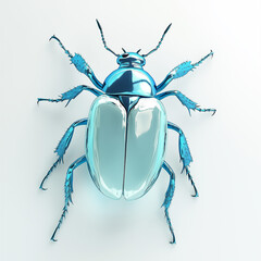 A shiny blue transparent plastic beetle on a white background. Greeting card. Illustration..