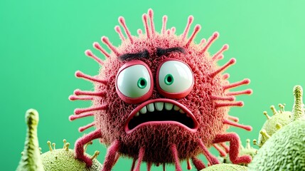 A cartoonish virus character with large eyes and spiky protrusions, depicted in a colorful, vibrant environment, evokes a humorous yet unsettling feeling.